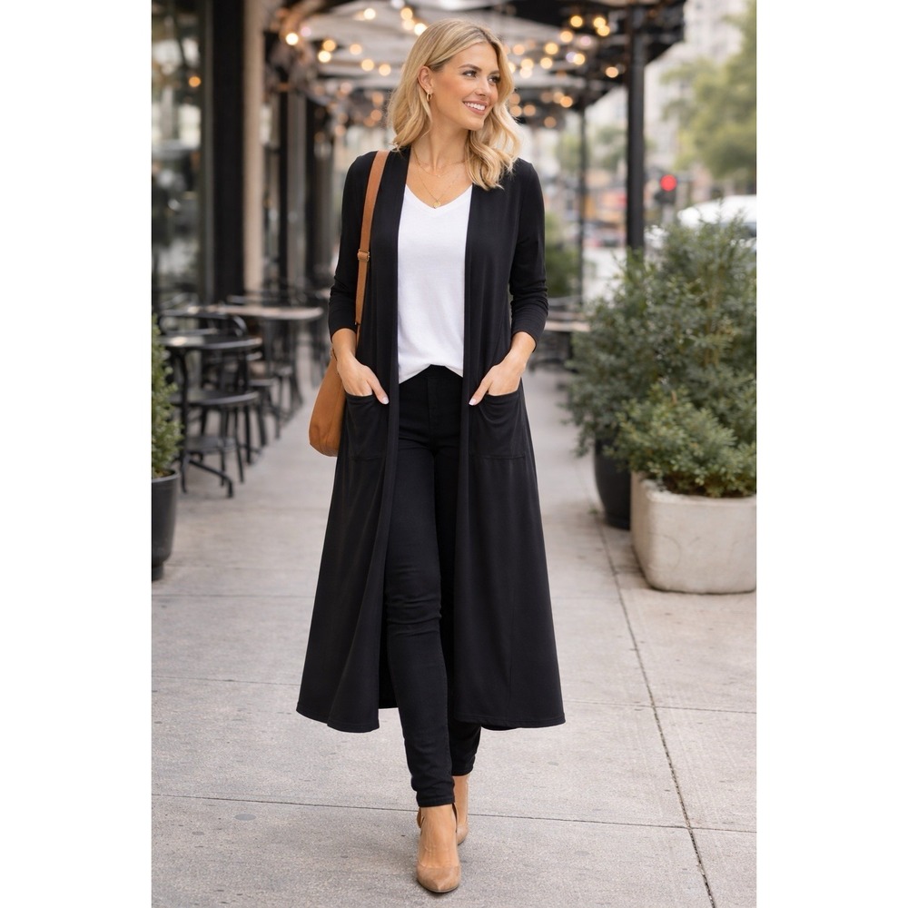 Brigitte Brianna Long Cardigan Duster Womens M Black Open Front Minimalist KK06